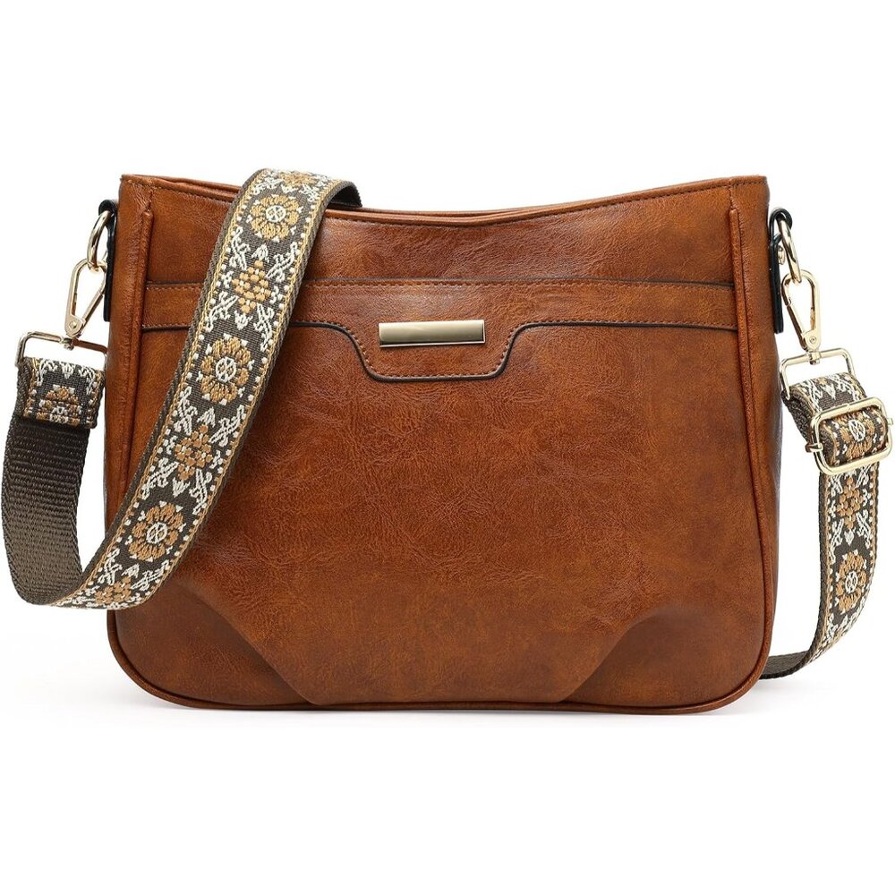 Women Brown PU Leather Crossbody Bag Zip Pockets Stylish Vintage Design